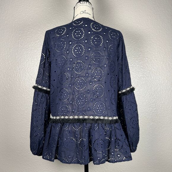 Suzanne Betro Sz L Navy, Black, and White Cutout Open Cardigan Jacket Fringe - Picture 2 of 8